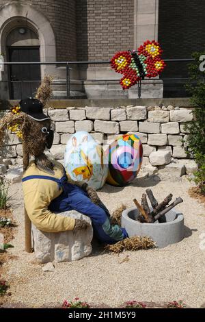 Easter eggs exposed in front of the parish church of St. Stephen in