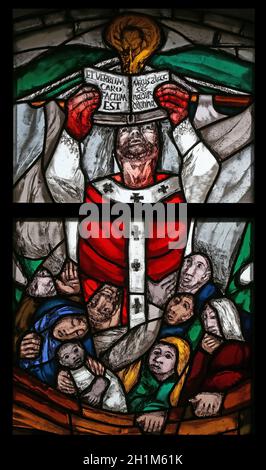 St. Patrick, stained glass window in the parish church of St Patrick, work of painter Sieger Koder in Eggenrot, Germany Stock Photo