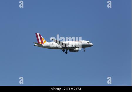Airbus A319, registration D-AGWF of Germanwings landing on Zagreb Airport Pleso Stock Photo