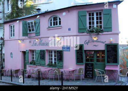 PARIS - NOVEMBER 04, 2012: La Maison Rose restaurant on Montmartre in Paris on November 04, 2012. La Maison Rose is a must tourist attraction on Montm Stock Photo