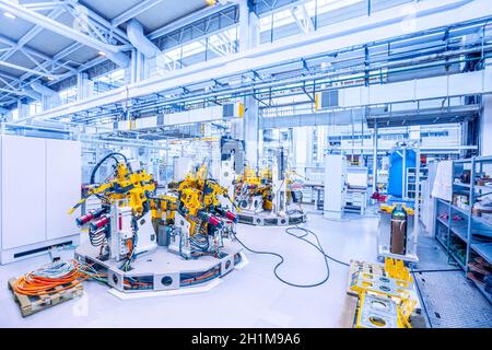 Measurement and testing station at car factory Stock Photo