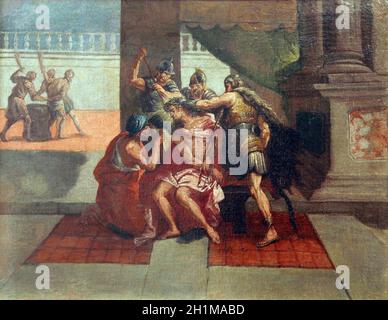 1st Stations of the Cross, Jesus is condemned to death Stock Photo