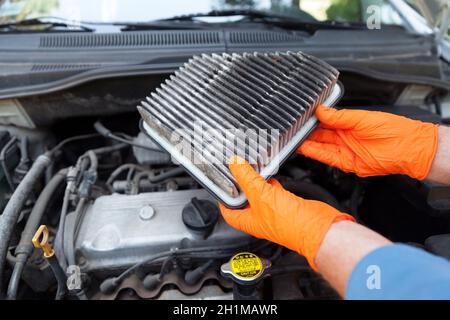 Dirty car engine air filter Stock Photo