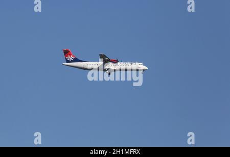 ATR 72, registration XB-IXP of Air Serbia landing on Zagreb Airport Pleso Stock Photo