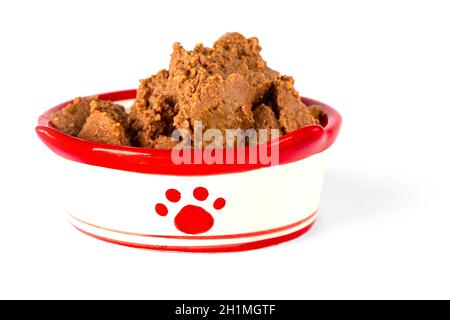The Wet food for dog and cat in colored bowl isolated on white background Stock Photo