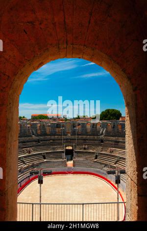 Arles, France - JUNE 19 - 2018: The Interior of the Colosseum or Coliseum in Arles, France. Selective focus Stock Photo