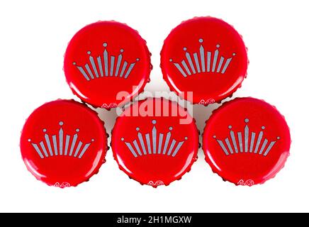 Kamchatka, Russia - 19 May 2018: Red beer caps Bud. From Anheuser-Busch InBev, Budweiser and Bud Light are top selling domestic beers in the United St Stock Photo