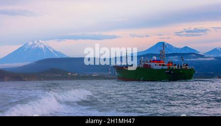 The ship in the Avacha Bay of the Pacific ocean Stock Photo