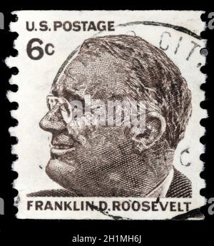 Stamp printed in United states (USA), image of portrait Franklin Roosevelt, with the same inscription, from the series 'Famous Americans', circa 1966 Stock Photo