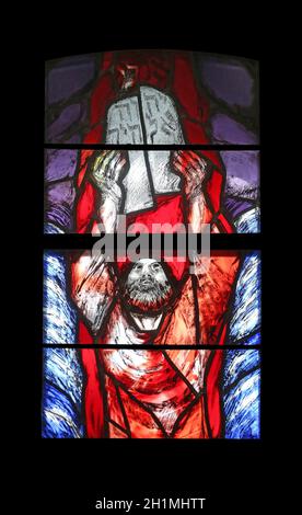 Moses, Crossing the Red Sea, detail of stained glass window by Sieger Koder in Saint James church in Sontbergen, Germany Stock Photo