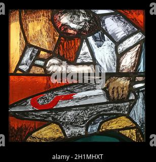 Moses, the journey of the nation at the end of the day on Mount Sinai, detail of stained glass window by Sieger Koder in Saint James church in Sontber Stock Photo