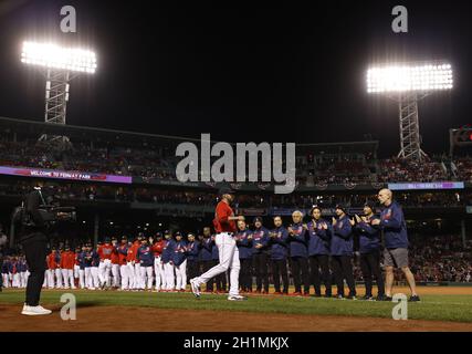 Boston, United States. 18th Oct, 2021. Boston Red Sox players are introduced before the start of game 3 of the MLB ALCS against the Houston Astros at Fenway Park in Boston, Massachusetts on Monday, October 18, 2021. Photo by John Angelillo/UPI Credit: UPI/Alamy Live News
