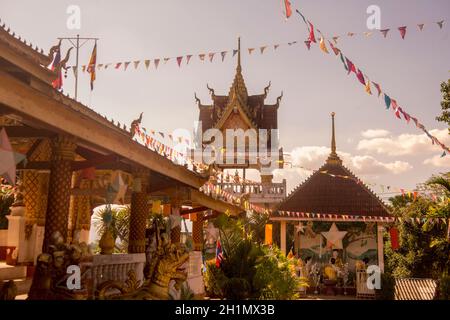 the Wat Chomkao Manilat at the Village of Huay Xai in Lao at the Mekong River from the view in the northwest Lao in Lao.   Lao, Huay Xay, November, 20 Stock Photo