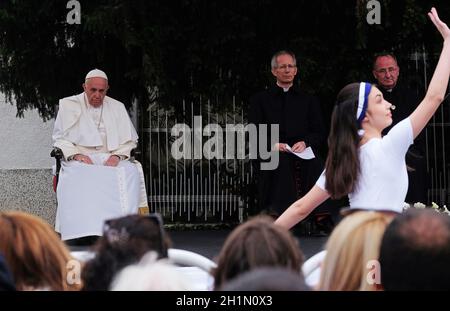 Pope Francis meeting with young people in front of the cathedral in Skopje the capital city of North Macedonia. Stock Photo