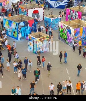 KIEV, UKRAINE - SEPT 14, 2019: Crowd of people at street contemporary art festival, aerial view. Stock Photo