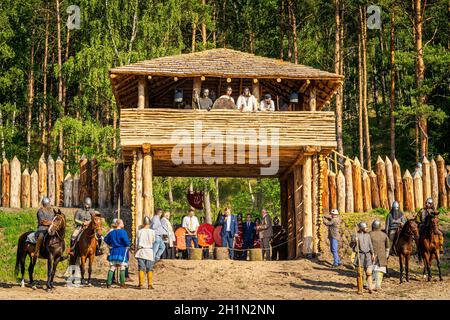 Cedynia, Poland June 2019 Historical reenactment of Battle of Cedynia, governor and other offcilais cutting ribbon and opening new wooden fort Stock Photo