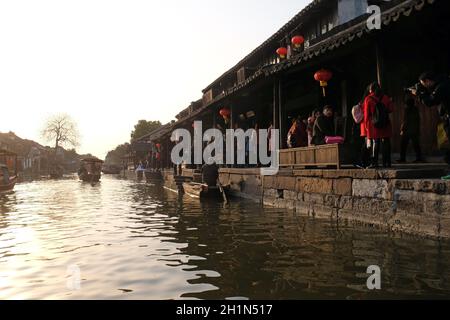 The Chinese architecture and buildings lining the water canals to Xitang town in Zhejiang Province, China Stock Photo