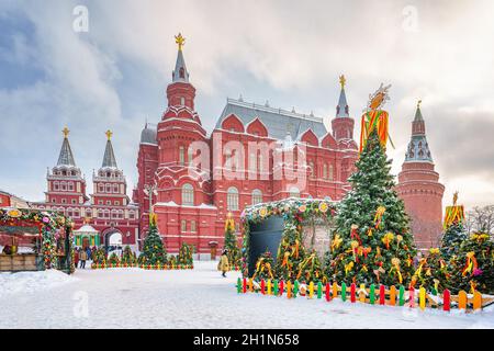 Christmas trees near kremlin in Moscow at winter snowy day, Russia Stock Photo