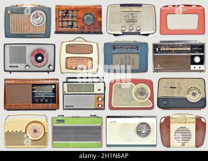 Vilnius, Lithuania - November 21, 2020: Collection of old vintage portable radio receivers, set of retro transistor radios Stock Photo