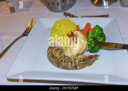 Lobster with sauce and vegetables on a white plate. Stock Photo