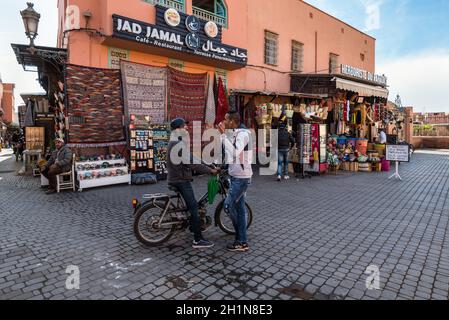 Marrakesh, Morocco - December 8, 2016: Unidentified people at a street in the medina of Marrakesh, Morocco. With a population of over 900,000 inhabita Stock Photo