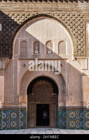 Marrakesh, Morocco - December 8, 2016: Inside the five century old school or Ali ben Youssef Medersa in the center of Marrakesh. The Ben Youssef Madra Stock Photo