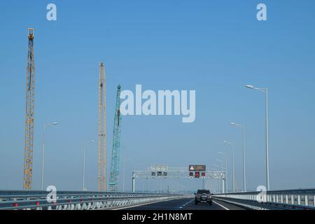 Crimean bridge, Taman, Russia - July 9, 2018: Access road to the Crimean bridge. The new bridge Stock Photo