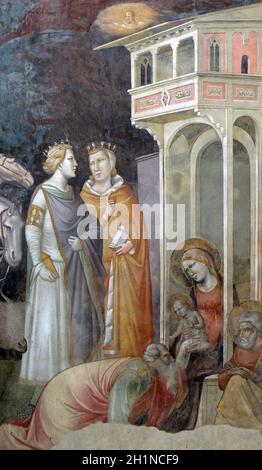 Nativity Scene, Adoration of the Magi, fresco by Taddeo Gaddi (1295-1366), Bandini Baroncelli Chapel in the Basilica di Santa Croce (Basilica of the H Stock Photo