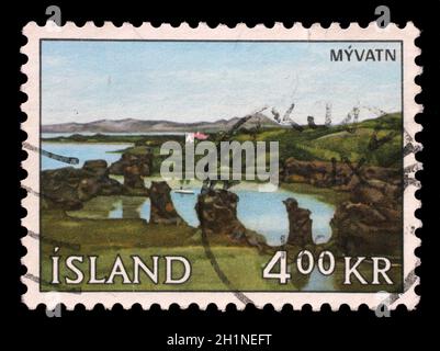 Stamp issued in Iceland shows Myvatn, landscapes serie, circa 1966. Stock Photo