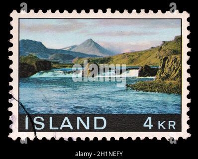 Stamp issued in Iceland shows Laxfoss, Landscapes serie, circa 1970. Stock Photo
