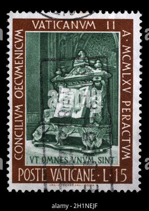 Stamp issued in Vatican shows Gospel, Closure of the ecumenical council, circa 1966. Stock Photo