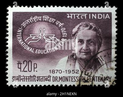 Stamp printed in India, shows Birth Centenary of Maria Montessori, circa 1970. Stock Photo