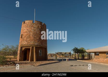 Tower at Galton Gate the western entrance of Etosha National Park, Namibia Stock Photo