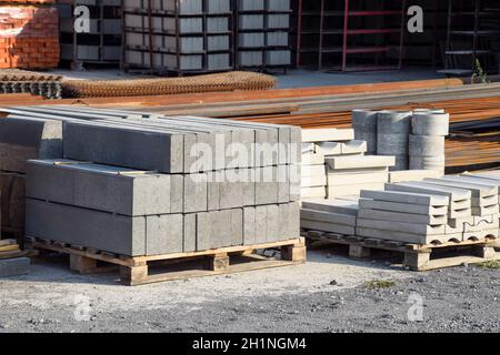 Warehouse cinder block and products from cement slurry on the base Stock Photo