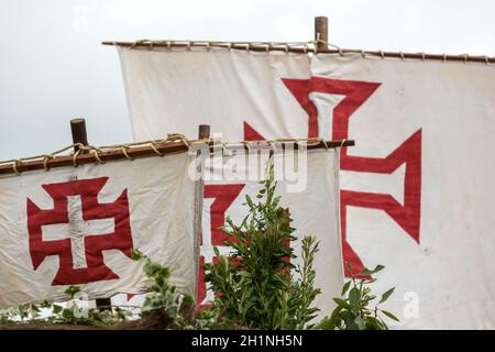 Cross of the Order of Christ on the sails of ships during the Madeira Wine Festival in Funchal. Portugal Stock Photo