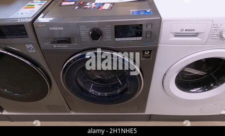 Kyiv, Ukraine - August 16, 2020: Rows of modern washing machines in a store EpiCentre at Kyiv, Ukraine on August 16, 2020. Stock Photo