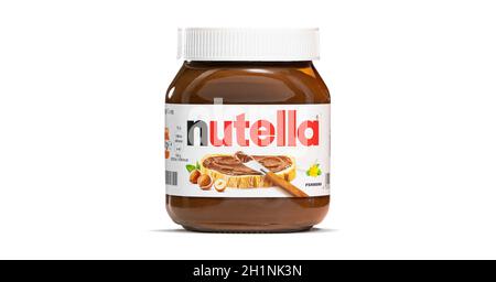 AACHEN, GERMANY - JAN 07, 2021: Pot of Nutella, the popular brand name of a sweetened hazelnut cocoa spread, introduced to the market in 1964 by Itali Stock Photo