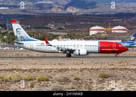 Tenerife, Spain - November 23, 2019: Norwegian Boeing 737-800 airplane at Tenerife South Airport in Spain. Boeing is an American aircraft manufacturer Stock Photo