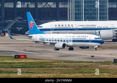 Shanghai, China - September 28, 2019: China Southern Airlines Boeing 737-800 airplane at Shanghai Hongqiao Airport in China. Stock Photo