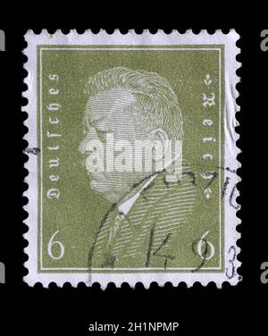 Stamp printed in the German Reich shows Friedrich Ebert (1871-1925), 1st President of the German Reich, circa 1928. Stock Photo