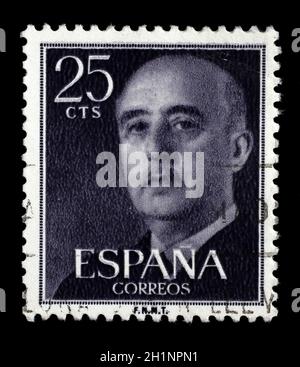 Stamp printed in Spain shows a portrait of Francisco Franco, circa 1955. Stock Photo