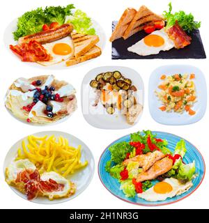 Collection of breakfasts on white background Stock Photo