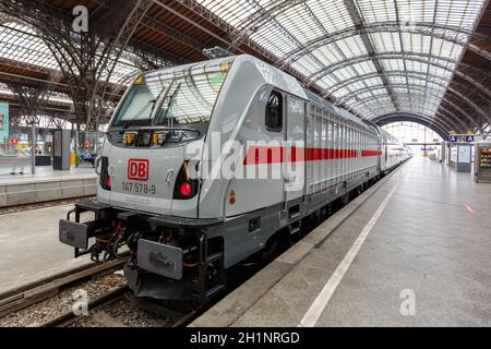 Leipzig, Germany - August 19, 2020: IC2 Intercity 2 locomotive train at Leipzig main station railway in Germany.