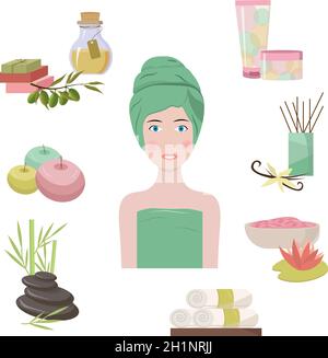 Flyer with a girl and items for spa treatments and relaxation. Stones and natural soap, scented candles, vanilla and bamboo, towels, cream and oil.  Stock Vector