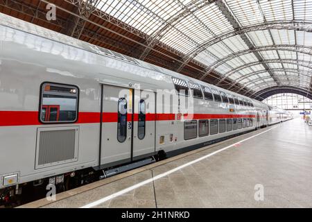 Leipzig, Germany - August 19, 2020: IC2 Intercity 2 double-deck train at Leipzig main station railway in Germany.