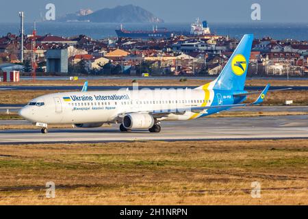 Istanbul, Turkey - February 15, 2019: Ukraine International Boeing 737-800 airplane at Istanbul Ataturk Airport (IST) in Turkey. Stock Photo