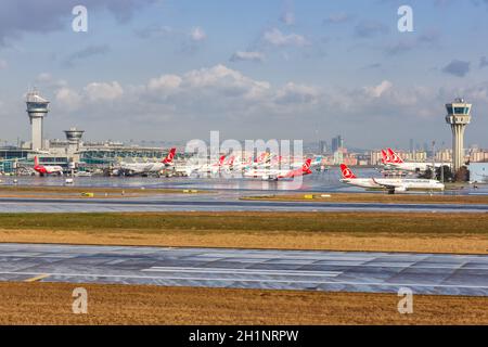 Istanbul, Turkey - February 15, 2019: Turkish Airlines airplanes at Istanbul Ataturk Airport (IST) in Turkey. Stock Photo