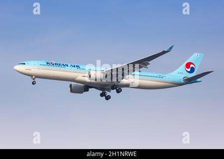 Incheon, South Korea - May 24, 2016: Korean Air Airbus A330-300 airplane at Seoul Incheon Airport (ICN) in South Korea. Airbus is a European aircraft Stock Photo