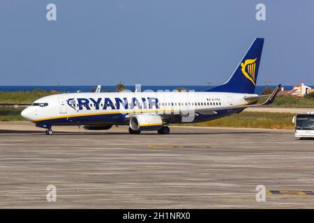 Rhodes, Greece - September 14, 2018: Ryanair Boeing 737-800 airplane at Rhodes Airport (RHO) in Greece. Boeing is an American aircraft manufacturer he Stock Photo