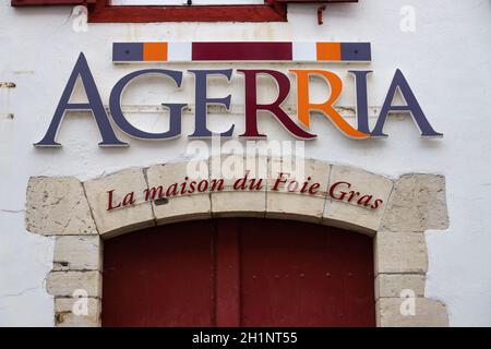 ESPELETTE, FRANCE - CIRCA JANUARY 2021: Agerria sign outside shop. Agerria is a foie gras and Irouleguy wine producer from the French Basque Country. Stock Photo